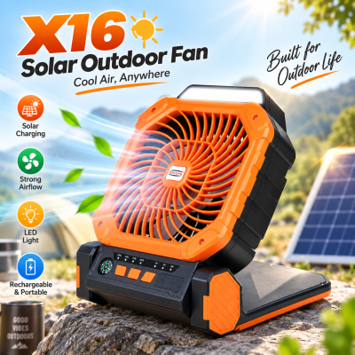 X16 3-in-1 Solar Outdoor Fan – Rechargeable Camping Fan with LED Light, Power Bank, Solar Charging, LED Battery Indicator & Timer Settings